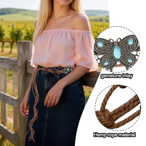 Boho Flower Wooden Bead Waist Belt, Vintage Woven Body Chain, Adjustable Cord Jewelry for Jeans Dress & Beach Wear - color: Blue2