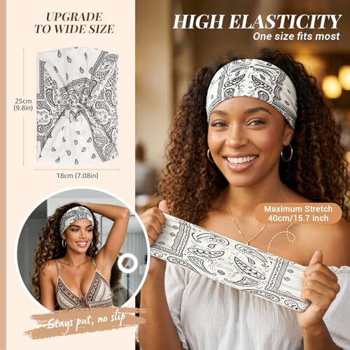 Awumbuk Wide Headbands for Women, 7.08 Inch Thick Boho Turban Style Hair Wraps, Non-Slip Moisture-Wicking Workout Headband for Sports, Yoga, Daily Fashion, 8 Pack Multi Colors (Orange Boho Paisleys) - color: Orange Boho Paisleys