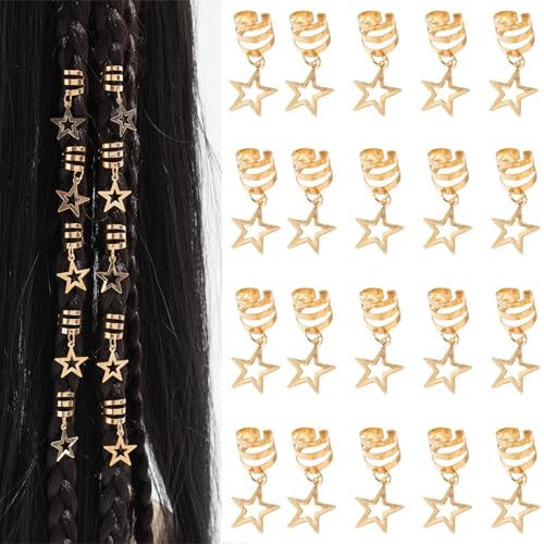 20 Pcs Hollow Star Hair Cuffs Gold Hair Braid Clips for Dreadlocks Twists Braids Jewelry Beads Pendants Accessories (Gold) - color: Gold