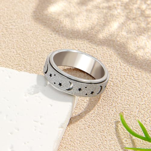 Anxiety Ring for Women Spinner Rings:Rotating Rings Stainless Steel 6mm Moon Star Anxiety for Men Band Jewelry Gift for Women Size 6 7 8 9 10 - color: B-Silver