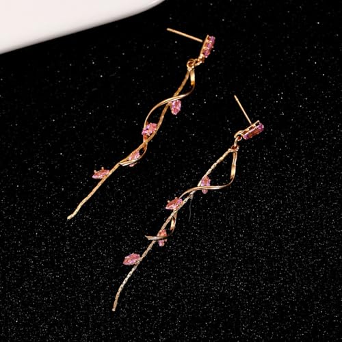Temperament Long Zircon Tassel Earrings for Women Charm Jewelry Sparkling Crystal Leaves Twist Dangle Earrings for Friends - color: Gold-Pink Leaves