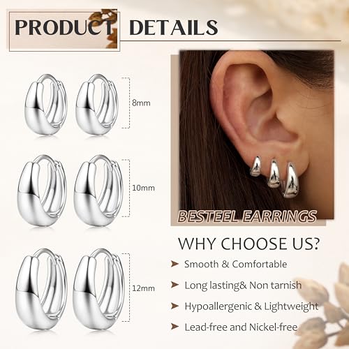 BESTEEL 3Pairs 14K Gold Plated Hoop Earrings Set for Women Chunky Earring Silver Plated Hypoallergenic Small Huggie Hoops Lightweight Tiny Thick Trendy Hoop Earrings Stacks for Multiple Piercing - color: Steel color