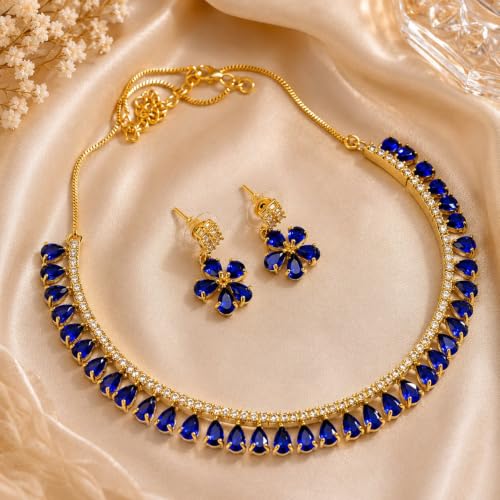 JewarHaat Indian Bollywood Necklace Set AD CZ Elegant Gold Plated Multi Stones Sparkling Crystals Choker with Earrings Fashion Jewellery for Women & Girls - color: Blue