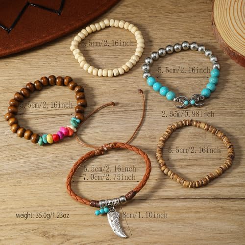 Western Turquoise Beaded Bracelet Stack - Vintage Cowgirl Stretch Set with Bull Skull, Feather & Boot Charms, Handmade Boho Jewelry for Rodeo, Country Concerts & Casual Western Outfits - style: 5