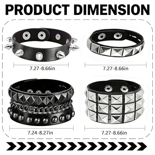 Handmade Black Leather Wrap Studded Bracelets for Women Men, 4Pcs Vintage Punk Wrist Cuff Bangle Wristband Emo Jewelry Gifts - style: Square Stud Style