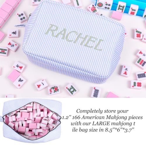 Personalized Makeup Bag Pouch with Embroidered Name for Women Girls Bride | Cute Small Seersucker Custom Monogrammed Initial Cosmetic Toiletry Bag with Zip for Travel Bridesmaid