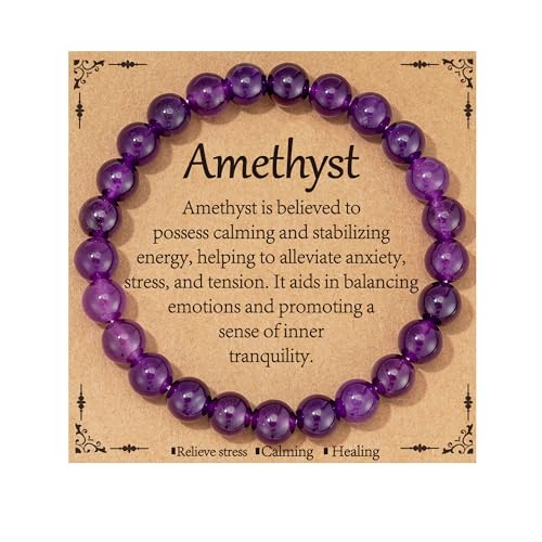 Gnamy Healing Crystal Bracelet for Women, Natural Stone Beaded Healing Crystal Bracelet Triple Protection Stress Relief Beads Jewelry Birthday Gifts Jewelry for Her - style: Amethyst