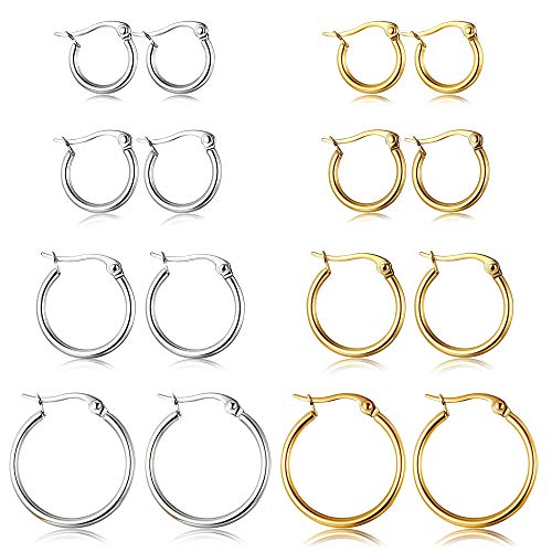 ORAZIO 4 Pairs Stainless Steel Hoop Earrings Set Cute Huggie Earrings for Women,10MM-20MM - style: E: Silver-tone,4 pairs,Gold-tone,4 pairs