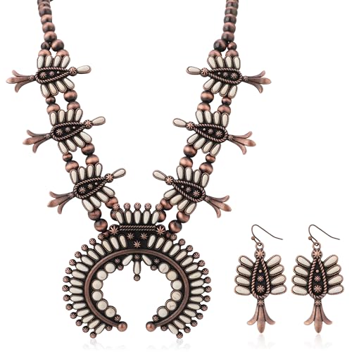 4 PCS Western Turquoise Jewelry for Women Boho Vintage Navajo Pearl Necklace Earring Bracelet Ring Set Country Cowgirl Accessories for Gift - color: P-White（No Bracelet No Ring）