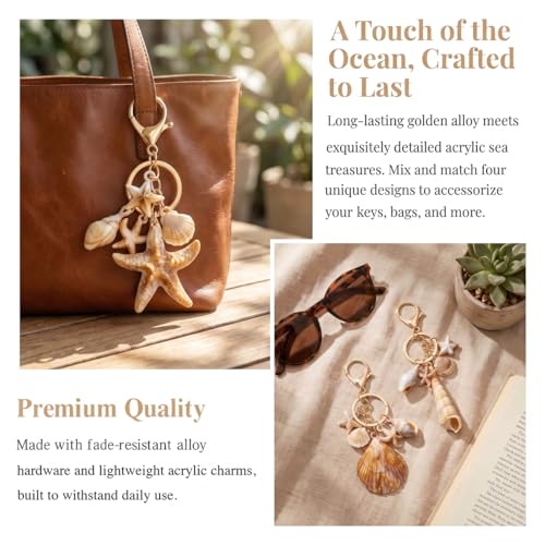 4 Pcs Ocean Themed Keychains for Women - Resin Seashell Starfish Boho Beach Bag Charms with Gold-Plated, Summer Vacation Purse Backpack Pendant Key Ring Gifts