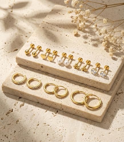 Incaton Hypoallergenic Flat Back Earrings for Women Silver 14K Gold Plated Surgical Stainless Steel Stud Earrings Cubic Zirconia Cartilage Studs Earrings For Multiple Piercing Sensitive Ears - color: I-Gold