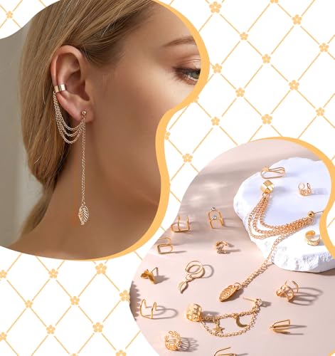 22 Pcs Gold Ear Cuffs Non Piercing, Lightweight Adjustable Clip On Earrings Fake Piercing, Skin-Friendly Cartilage Butterfly Chain Twist Helix Leaf Wrap Earrings Set, Trendy Jewelry for Women