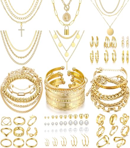 FAXHION 68 Pcs Gold Jewelry Set for Women with 7 Necklace, 17 Bracelet, 5 Hoop Earrings, 15 Stud Earrings, 24 Knuckle Rings for Women Jewelry Set for Women Gift - color: gold jewelry