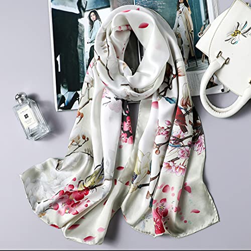ANDANTINO 100% Silk Long Scarf-Women Large Oblong Shawls with Gift Packed - color: Beige-flower&birds