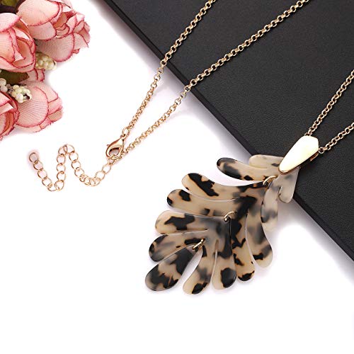 ARATLENCH Acrylic Pendant necklace Earrings – Long Statement Leaf Charm Necklace Tortoise Resin Palm Leaf Earrings Fashion Necklaces Earrings for Women - color: leopard