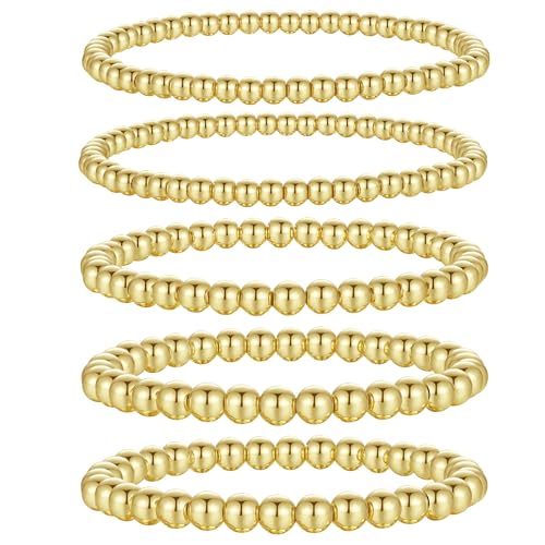 XIANNVXI 5PC Platinum Plated Silver Beaded Bracelet for Women Stretch Elastic Stackable Bead Ball Bracelet Trendy Set Women Dainty Jewelry - color: Gold A