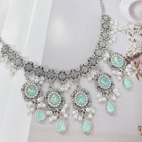 Luxury Waterdrop Rhinestone Pearls Tassel Charm Necklace Earrings Ring Maang Tikka Jewelry 4PCS Set Oxidized Antique Silver Flower Choker Ethnic Indian Retro Crystal Bollywood Bridal Wedding for Women - color: Blue