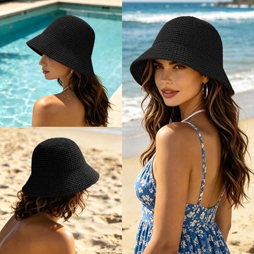 Straw Bucket Hat for Women Foldable Summer Beach Sun Hats Wide Brim Crochet Floppy Hat for Vacation Travel Shade & Style - color: Black-a