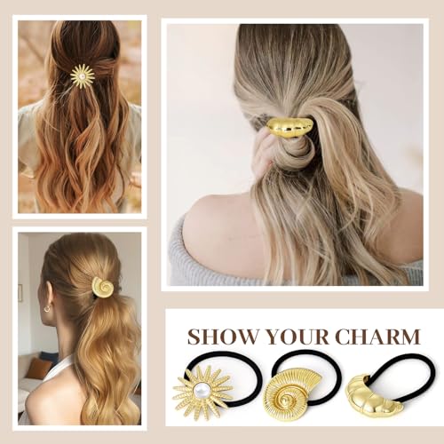 3PCS Gold Hair Ties, Metal Hair Ties for Thick Hair, Gold Ponytail Cuff Elegant Durable Geometric Design, Hair Accessories for Women, Stretchy & Non Damage Ponytail Holders with Pendant Holiday Gifts - color: Gold Set 08