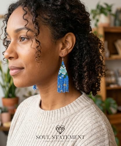 Long Beaded Earrings for Women, Statement Tassel Dangling Earrings, Native American Jewelry Boho Country Colorful Flower Moon Bead Gifts - style: Lunar Cascade