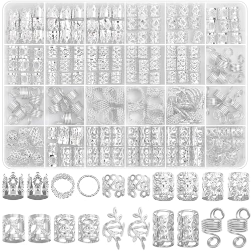 Lucomb 220 Pcs Silver Hair Jewelry for Braids, Loc Jewelry for Hairs Dreadlock, Hairs Charms for Women, Metal Braid Rings Cuffs Clips for Dreadlock Accessories Hair Braids Accessories Decorations - color: Silver