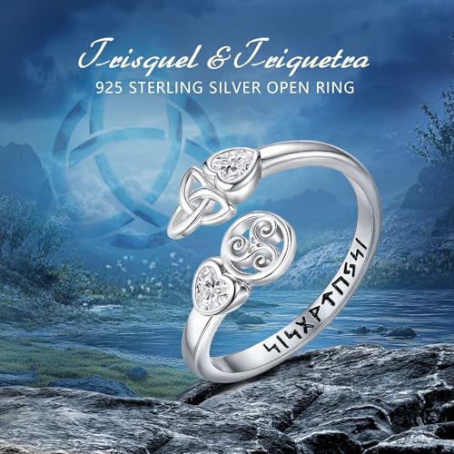 Vito 925 Sterling Silver Adjustable Open Spoon Ring for Women Men, Lotus Sunflower Snake Spoon Band Rings Feather Hug Witches Knot Inspirational Jewelry Gift for Wife - style: Trisquel and Triquetra