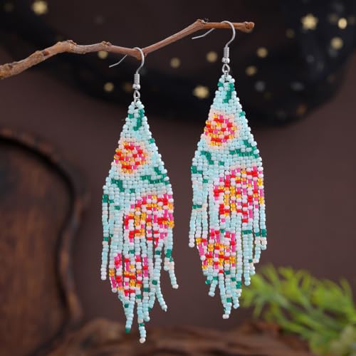 Flower Black Beaded Long Tassel Western Native American Earrings For Women Dangling - color: rose