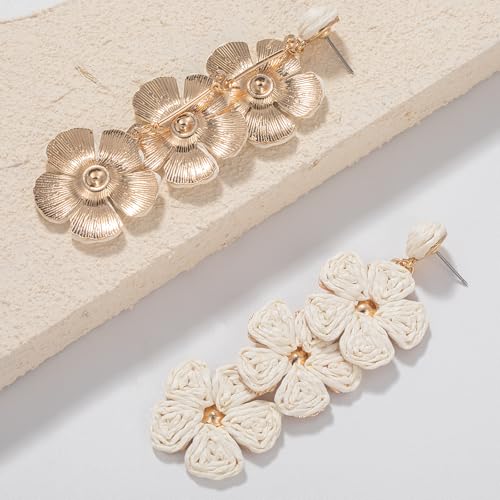 Boho Flower Earrings Statement Raffia Dangle Earrings Cute Floral Jewelry Trendy Summer Beach Vacation Outfits for Women - color: Ivory-2