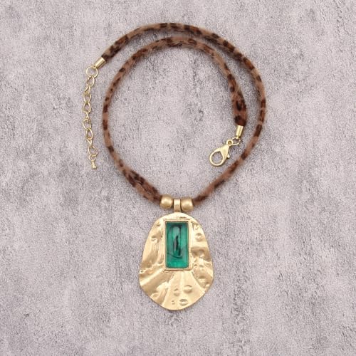 Boho Necklace for Women Adjustable Silicone Rope with Gold Beaded Pendant Chunky Handmade Vintage Jewelry - style: Vintage Green Stone Necklace
