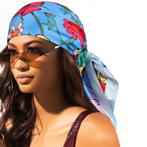 Molans 35" Silk Satin Square Head scarves - 4Pcs Large Scarfs Hair Bandana Head Kerchief Neck Scarf Sleeping Wraps for Women - color: Blue/Yellow/Red/Orange
