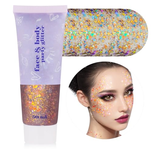 MEICOLY Chameleon Colorful Body Glitter,Holographic Chunky Glitter Face Paint,Color Changing Mermaid Self-Adhesive Face Glitter Gel,Glitter Sequin for Face Body Hair,Festival Party Glitter Makeup - color: colorful orange pink
