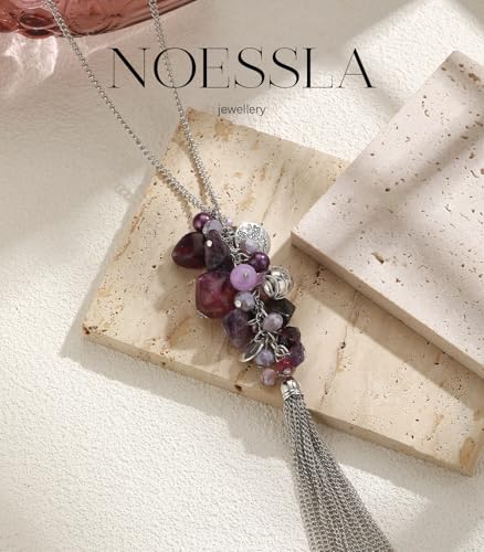 Noessla Boho Long Pendant Necklaces for Women Silver Tassel Long Necklace Sweater Chain Mothers Day Gifts Silver Costume Jewelry for Women - color: Purple