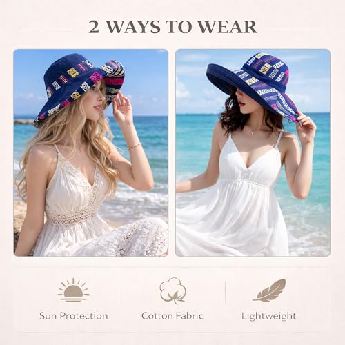 Wide Brim Sun Hat for Women Reversible Beach Hats Metal Wired Edge Gardening Hats, UPF 50+ Bucket Summer Hat - color: Navy Boho-style