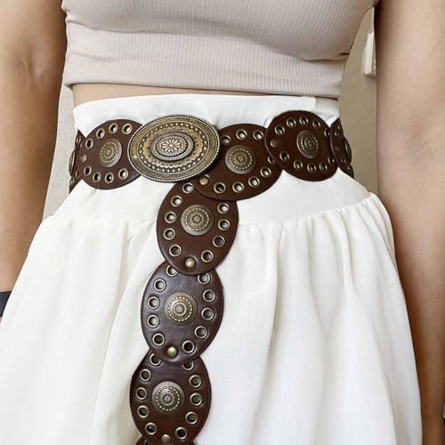 Wide Western Cowboy Disc Belt for Woman Concho PU Leather Belts for Ladies Boho Country Waist Belts for Dress Jeans - color: Brown