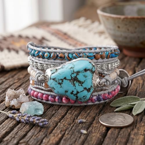 YGLINE Natural Stone Bracelet 5 Wraps Bracelet Handmade Blue Color Boho Bracelet for Women Bracelet - color: turquoise1