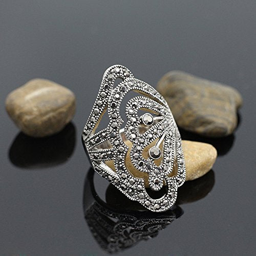 Women's Black Rings Vintage Rings Statement Rings for Women Band Marcasite Crystal Rings for Women - color: Silver4