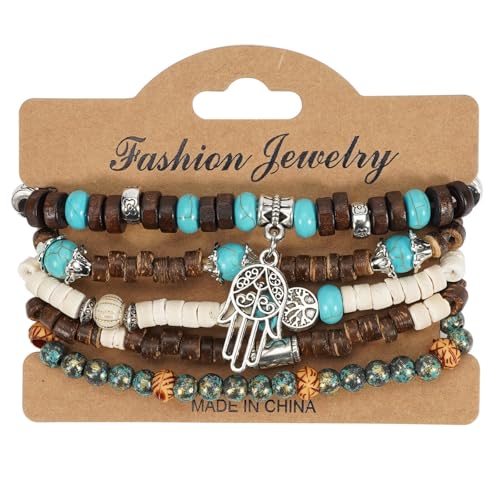 COLORFUL BLING Boho Turquoise Wooden Beaded Stretch Bracelets Stackable Turtle Butterfly Elephant Shell Heart Charms Bracelet for Women Men Western Jewelry Gifts - style: Set 6
