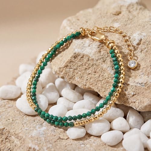 Fettero Beaded Bracelets for Women Charm Natural Stone Handmade Beads White Gold Plated Dainty Gold Bracelets Non Tarnish Boho Summer Beach Vacation Jewelry - color: Green Maq-Layered