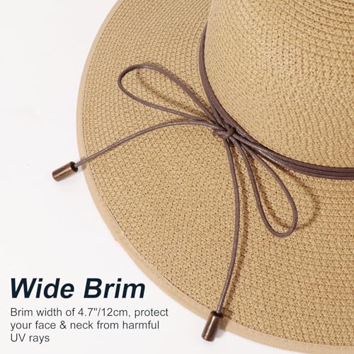 DRESHOW Beach Hats for Women Big Straw Wide Brim Summer Hat Floppy Foldable Roll up Cap Sun Hat UPF 50+ - color: 1 Pack Bowknot Hat: Khaki, 4.7" Brim