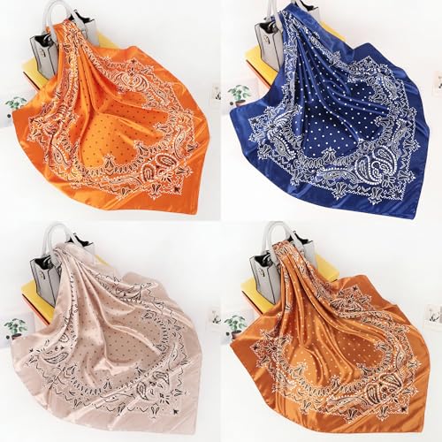 Ciormis 35" Silk Head Scarf for Women, 4 Pcs Satin Hair Scarf Square Silk Bandana Top Neck Scarves Hair Wraps for Sleeping - color: O1-cashew-set21