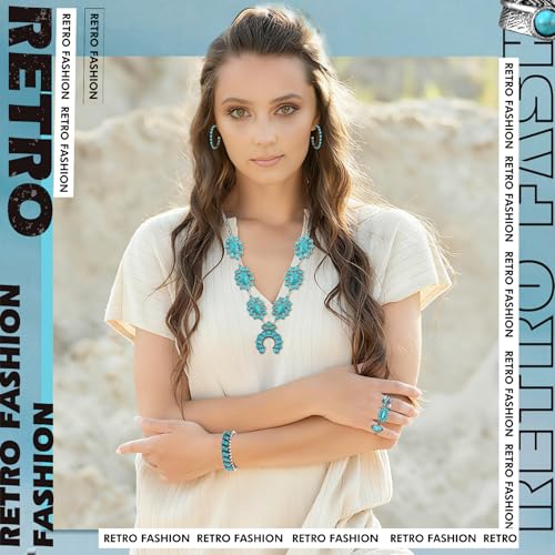 Ecally Bohemian Western Jewelry Turquoise Set Women Country Pendant Long Choker Layered Bracelets Earrings Ring for Women - color: Turquoise, style: Vibrant