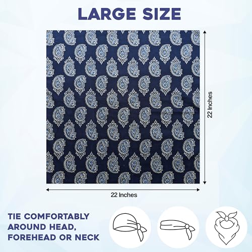 AVKA Studio 100% Cotton Bandanas for Women & Men, 2 Pack 20x20 Inch, 22x22 inch Hand Printed, Lightweight Cotton Handkerchief - color: Indigo Blue & White, size: 22 x 22 Inches Large