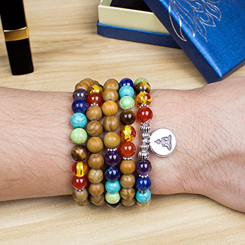 108 Mala Beads Necklace 7 Chakra Buddhist Prayer Beaded Bracelet Tree of Life Pendant Stone Yoga Necklace - color: Wood Jasper-Buddha