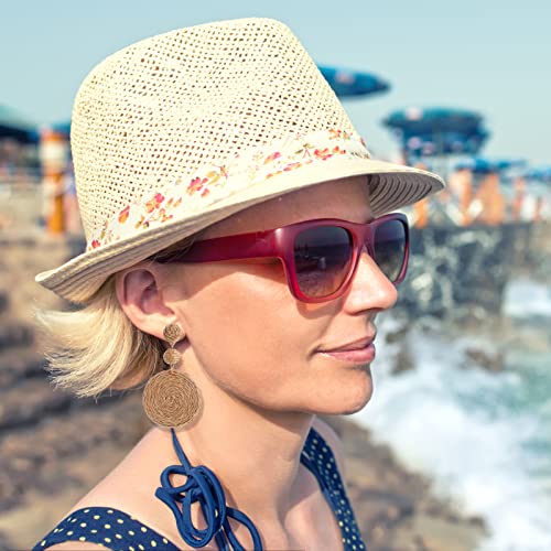 Boho Raffia Ball Earrings for Women, Handmade Statement Drop Earrings Straw Dangle Earrings Beach Vacation Jewelry - color: Brown