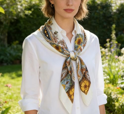 Women Head-Scarf Silk-Feeling-Scarf Hair Scarf Boho-Print Bandanas 35 Inches Square - color: Beige