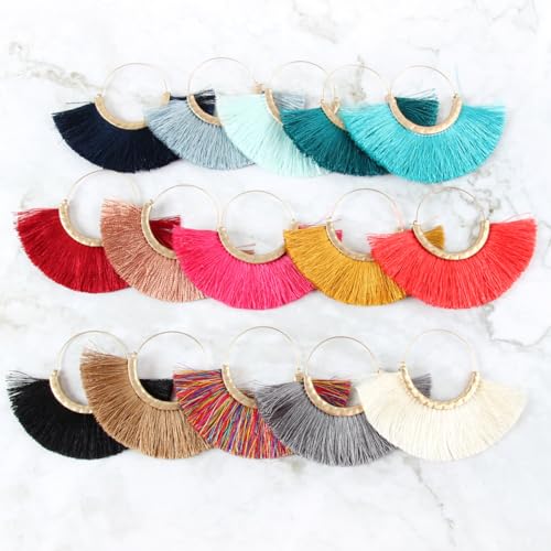 Bohemian Silky Thread Tassel Strand Fringe Statement Hoop Earrings - Lightweight Semi Circle Fan Threader, Mermaid Hoops - color: Halfmoon Tassel Hoops - Red 1