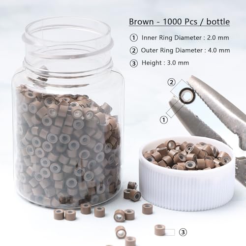 NIACONN 1000pcs 4 mm Tinsel Hair Extensions Beads, Silicone Lined Ring Micro Link I-tip Beads for Hair Extension - Brown - color: Brown, size: 4mm