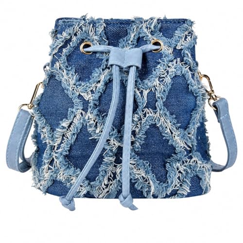QZUnique Women Denim Mini Bucket Bag Crossbody Purse Shoulder Handbag Drawstring Quilted Tassel Barrel Shape Satchel Tote Bag - color: Bucket Blue