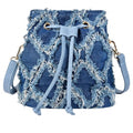 QZUnique Women Denim Mini Bucket Bag Crossbody Purse Shoulder Handbag Drawstring Quilted Tassel Barrel Shape Satchel Tote Bag - color: Bucket Blue