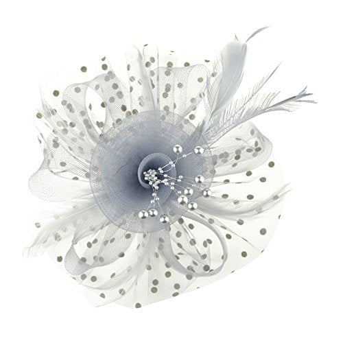 DRESHOW Fascinators Hat Flower Mesh Ribbons Feathers on a Headband and a Clip Tea Party Headwear for Girls and Women - color: 7" Diameter / Grey